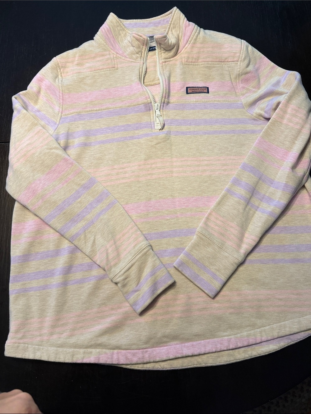 Vineyard Vines Beige Quarter‑Zip Sweater with Pink & Lavender Stripes